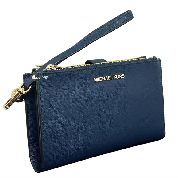 Michael Kors Jet Set Travel Large Double Zip Phone Wallet Wristlet Navy Leather - Picture 5 of 5